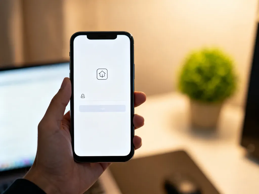 Smartfon z otwartym ekranem logowania trzymany w dłoni w przytulnym domowym biurze.