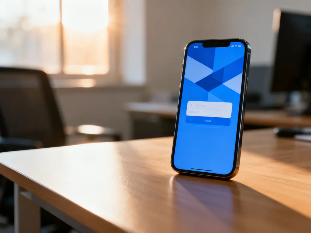 Nowoczesny smartfon z abstrakcyjnym interfejsem logowania na ekranie, leżący na drewnianym biurku w słonecznym biurze.