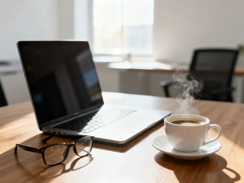Nowoczesne stanowisko pracy z laptopem, kawą i okularami, symbolizujące wygodne zarządzanie e-fakturami online.