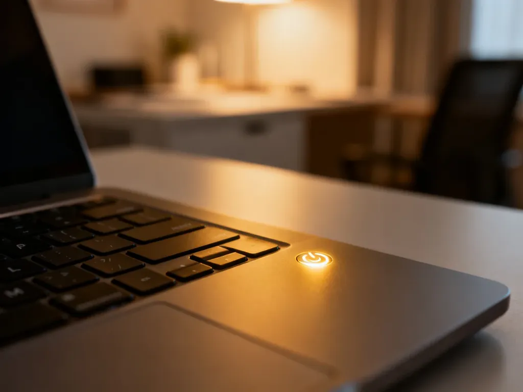 Nowoczesny laptop z podświetlanym przyciskiem zasilania w minimalistycznym biurze, symbolizujący dostęp do panelu logowania.