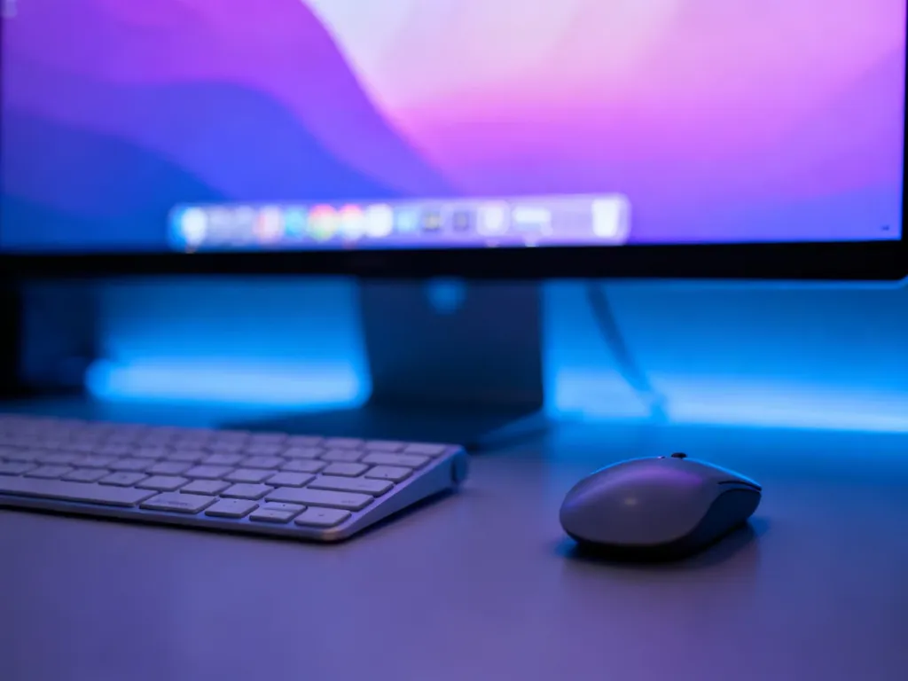 Nowoczesne stanowisko komputerowe z monitorem, na którym widoczny jest przezroczysty pasek zadań systemu Windows 11.