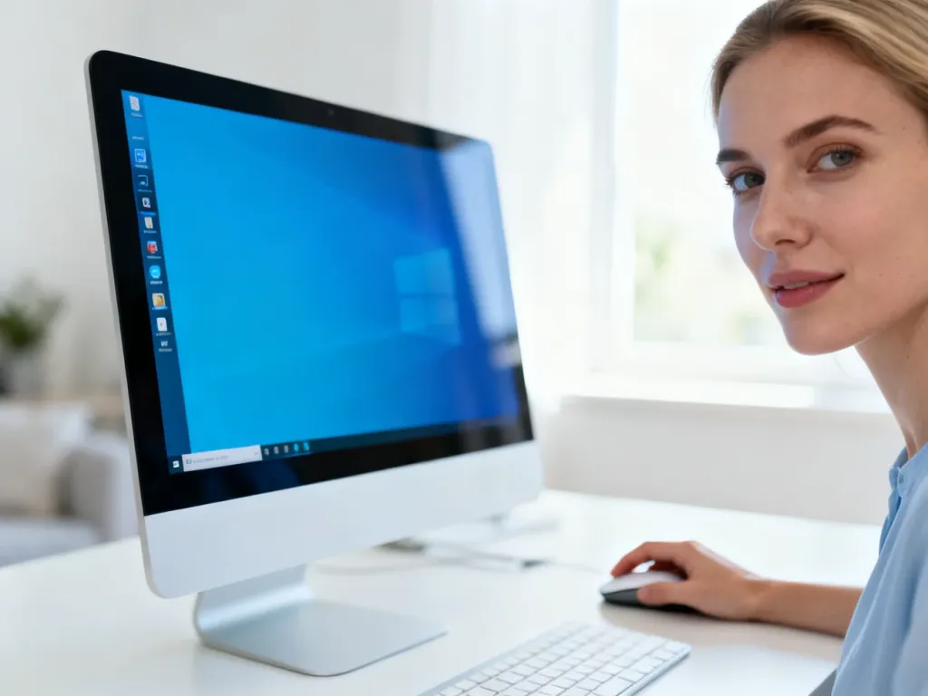Dłoń obsługująca myszkę komputerową przy ekranie z paskiem zadań systemu Windows 11 wyrównanym do lewej strony.