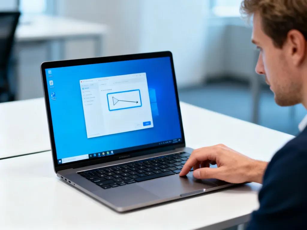 Dłoń użytkownika naciskająca klawisz na laptopie, ilustrująca proces wykonywania zrzutu ekranu w systemie Windows 11.