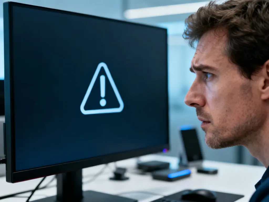 Zfrustrowany mężczyzna patrzący na ekran komputera z błędem systemowym podczas nieudanej instalacji Windows 11.