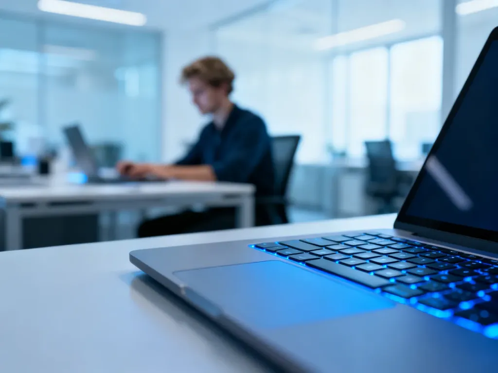 Nowoczesna klawiatura laptopa w niebieskim świetle, symbolizująca efektywną pracę z systemem Windows 11.