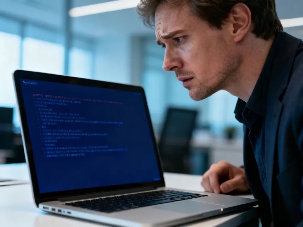Zaniepokojony mężczyzna patrzący na ekran laptopa z błędem systemowym w Windows 11.