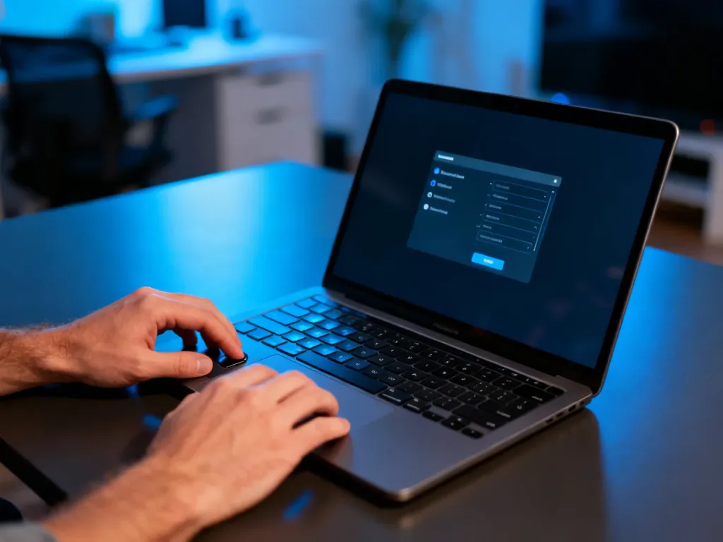 Dłonie obsługujące touchpad nowoczesnego laptopa z otwartymi ustawieniami systemu Windows 11 na ekranie.