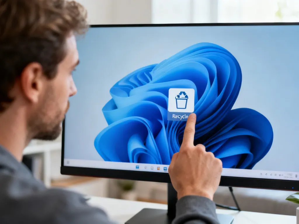 Mężczyzna wskazuje palcem ikonę Kosza na pulpicie systemu Windows 11 w jasnym biurze.