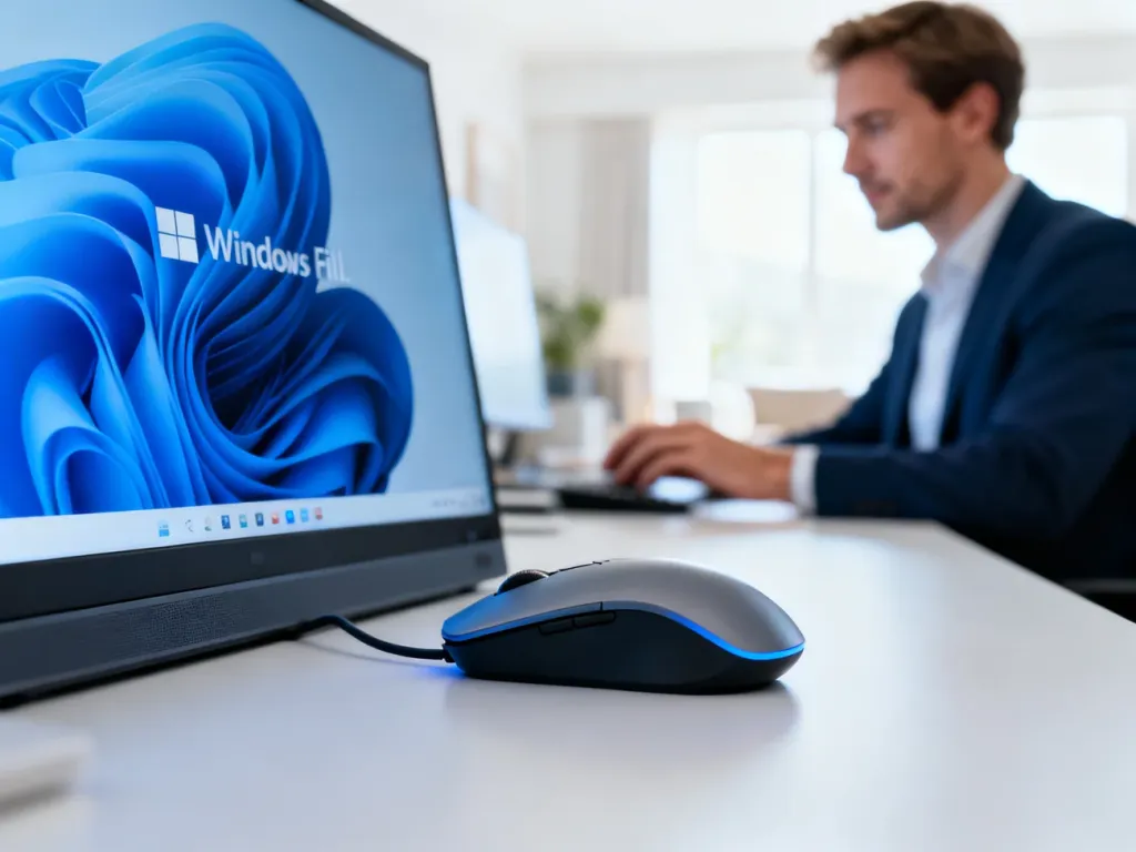 Dłoń obsługująca myszkę komputerową na pulpicie systemu Windows 11 w nowoczesnym biurze.