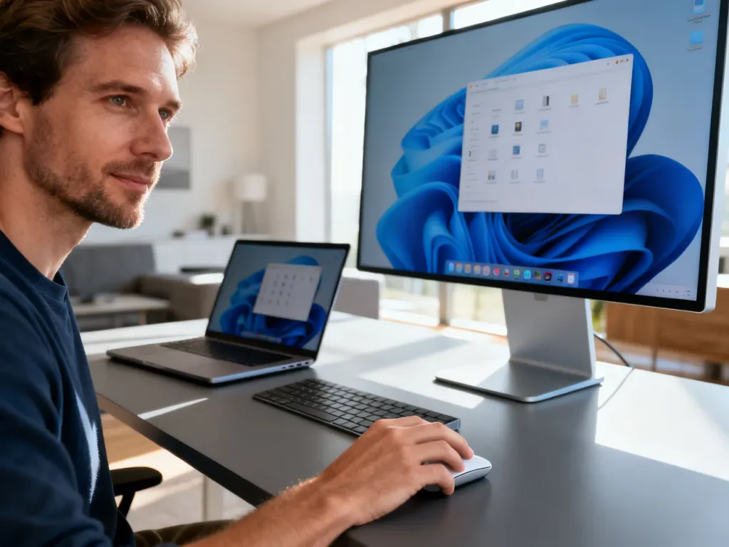 Nowoczesne stanowisko pracy z laptopem i monitorem, na którym widać uporządkowany pulpit systemu Windows 11.
