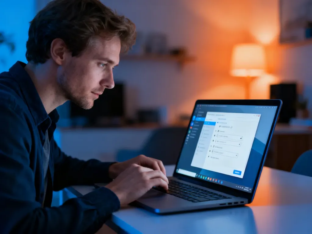 Mężczyzna przy laptopie w nowoczesnym biurze dostosowuje ustawienia systemowe w Windows 11.