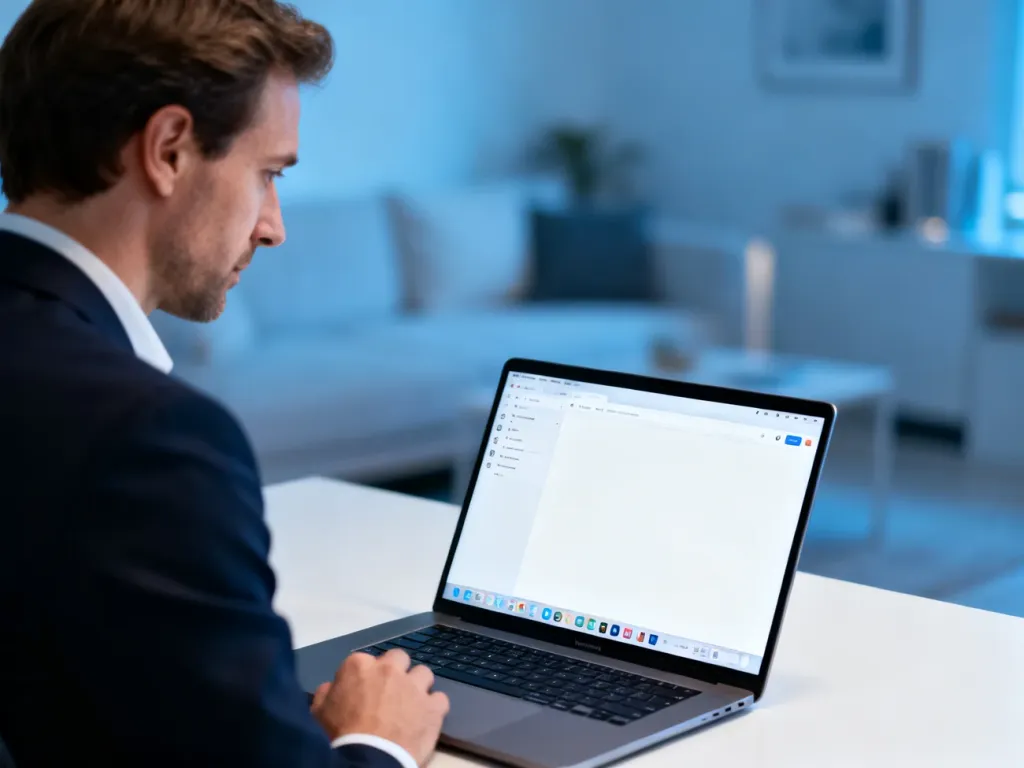 Mężczyzna skupiony na pracy przy laptopie z widocznym pulpitem systemu Windows w nowoczesnym biurze.