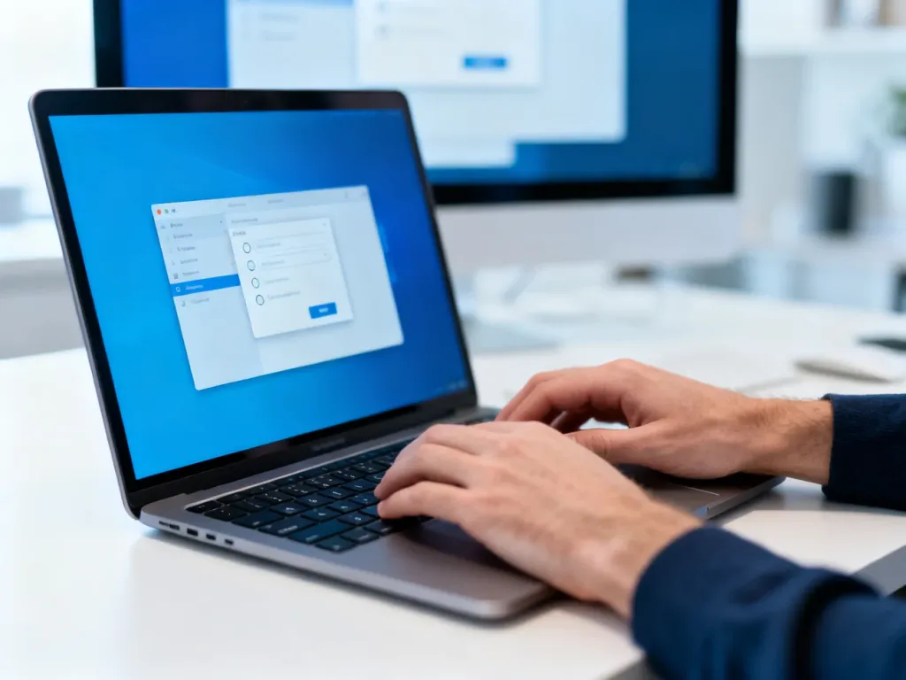 Dłonie piszące na klawiaturze laptopa z widocznymi w tle ustawieniami systemu Windows 11.
