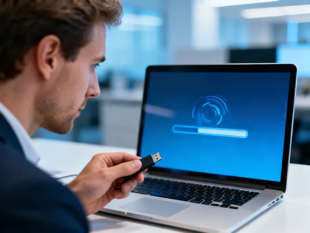 Mężczyzna trzymający pendrive przed laptopem z procesem instalacji systemu Windows.