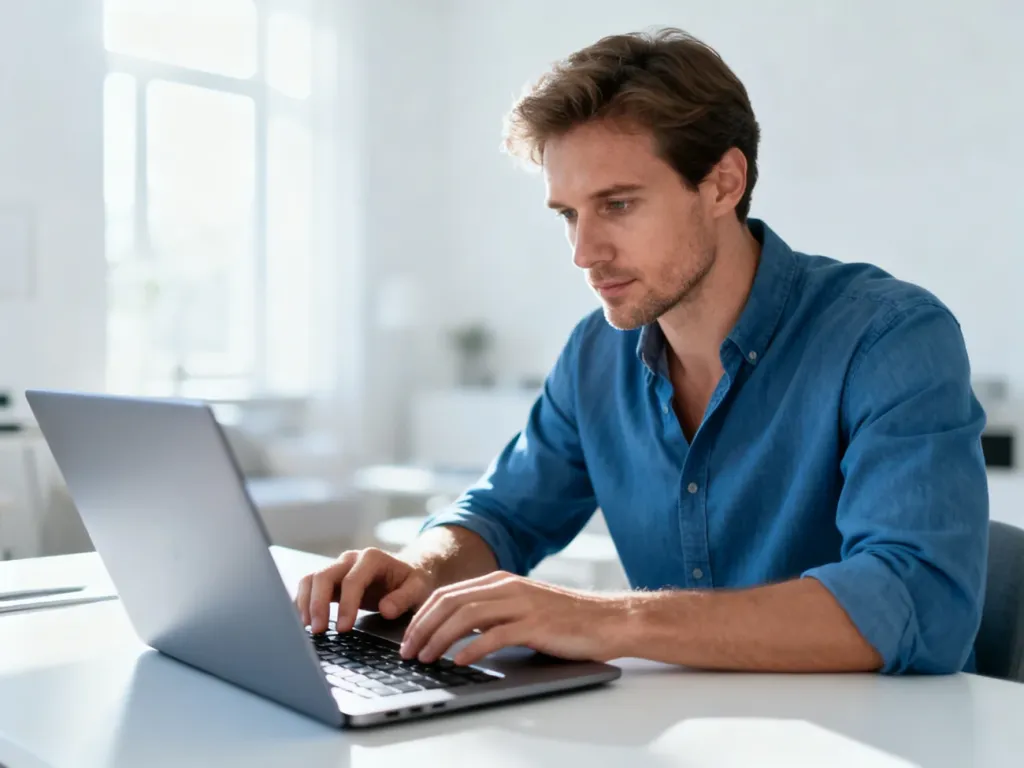 Mężczyzna skupiony na pracy przy laptopie w jasnym, minimalistycznym biurze domowym.