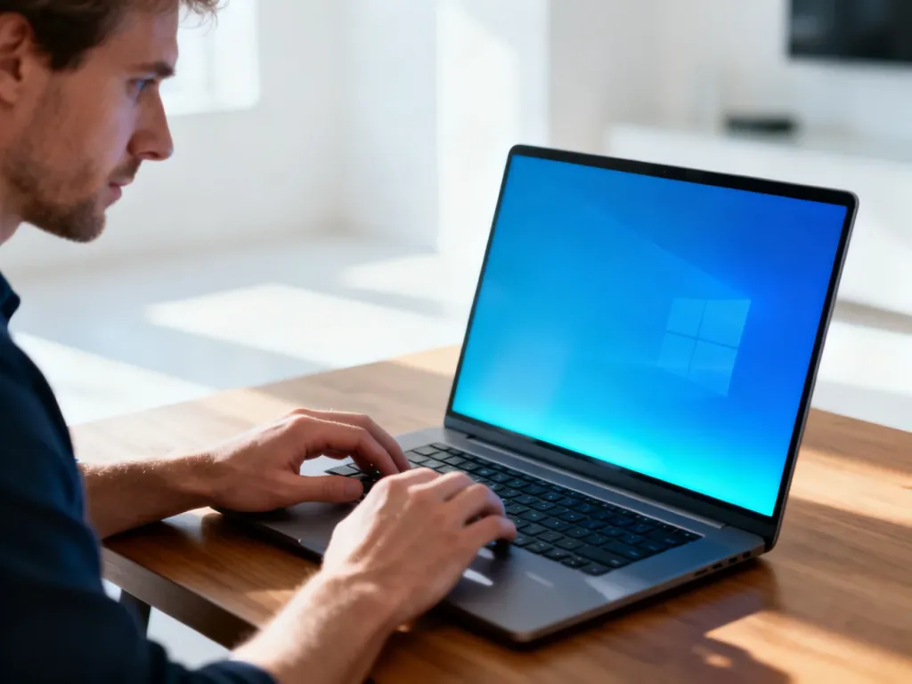 Mężczyzna pracujący przy laptopie na drewnianym biurku, przygotowujący się do formatowania systemu Windows 11.