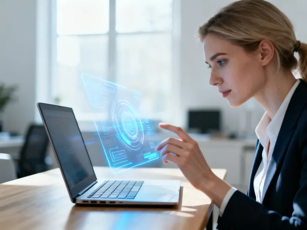 Kobieta obsługująca nowoczesny interfejs holograficzny nad laptopem, symbolizująca zaawansowane wymagania systemu Windows 11.